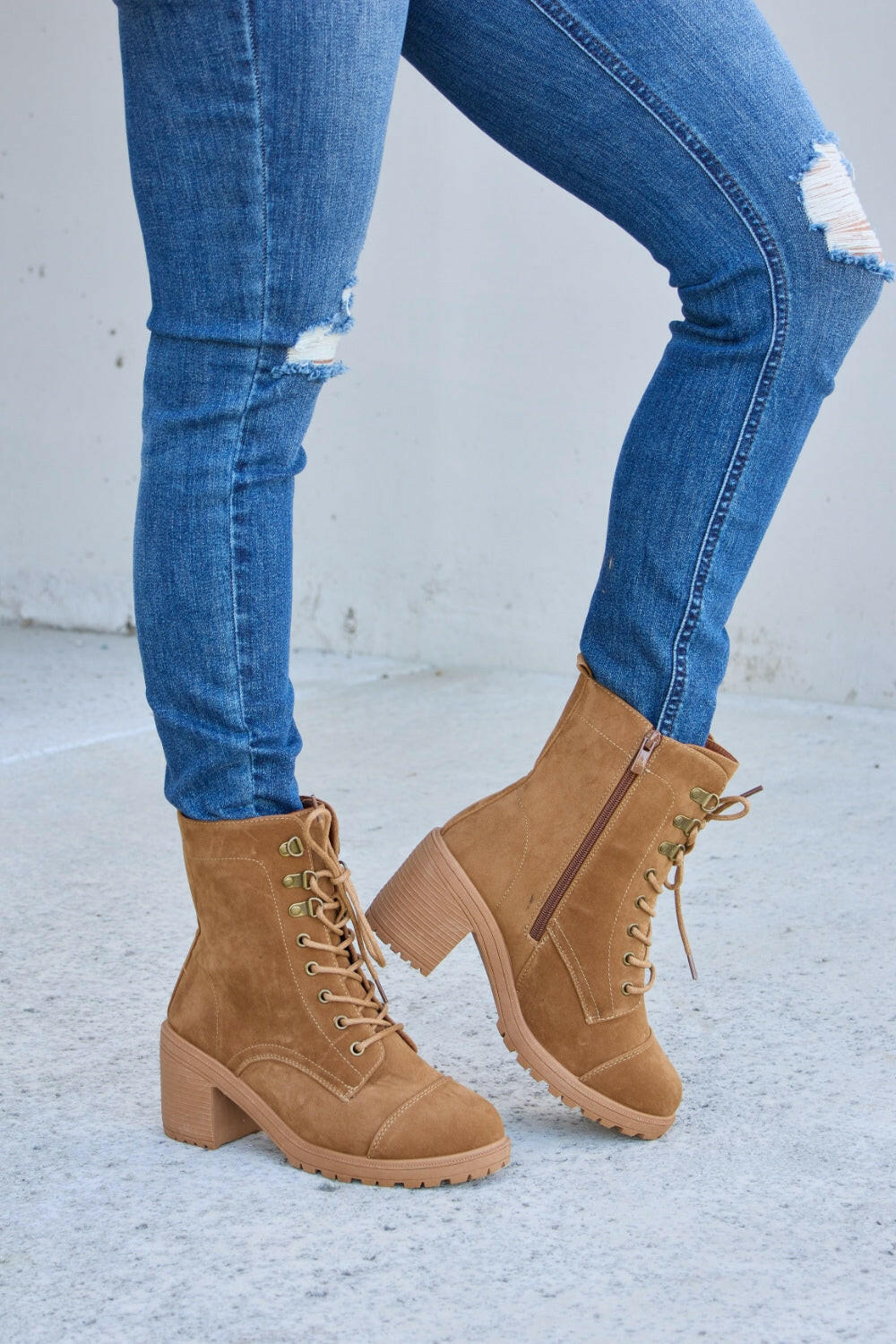 Forever Link Lace-Up Zipper Detail Block Heel Boots.