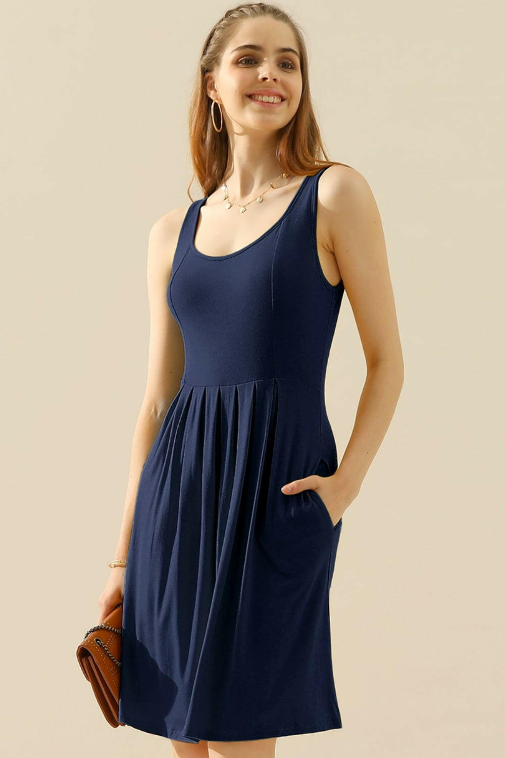 Round Neck Rouched Sleeveless Dress with Pockets.