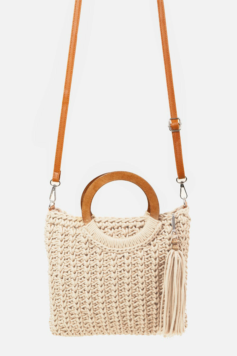 Fame Crochet Knit Convertible Tote Bag with Tassel