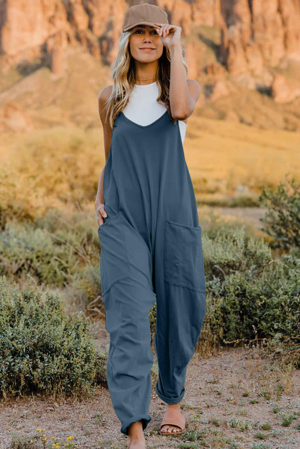 V-Neck Sleeveless Jumpsuit with Pockets.