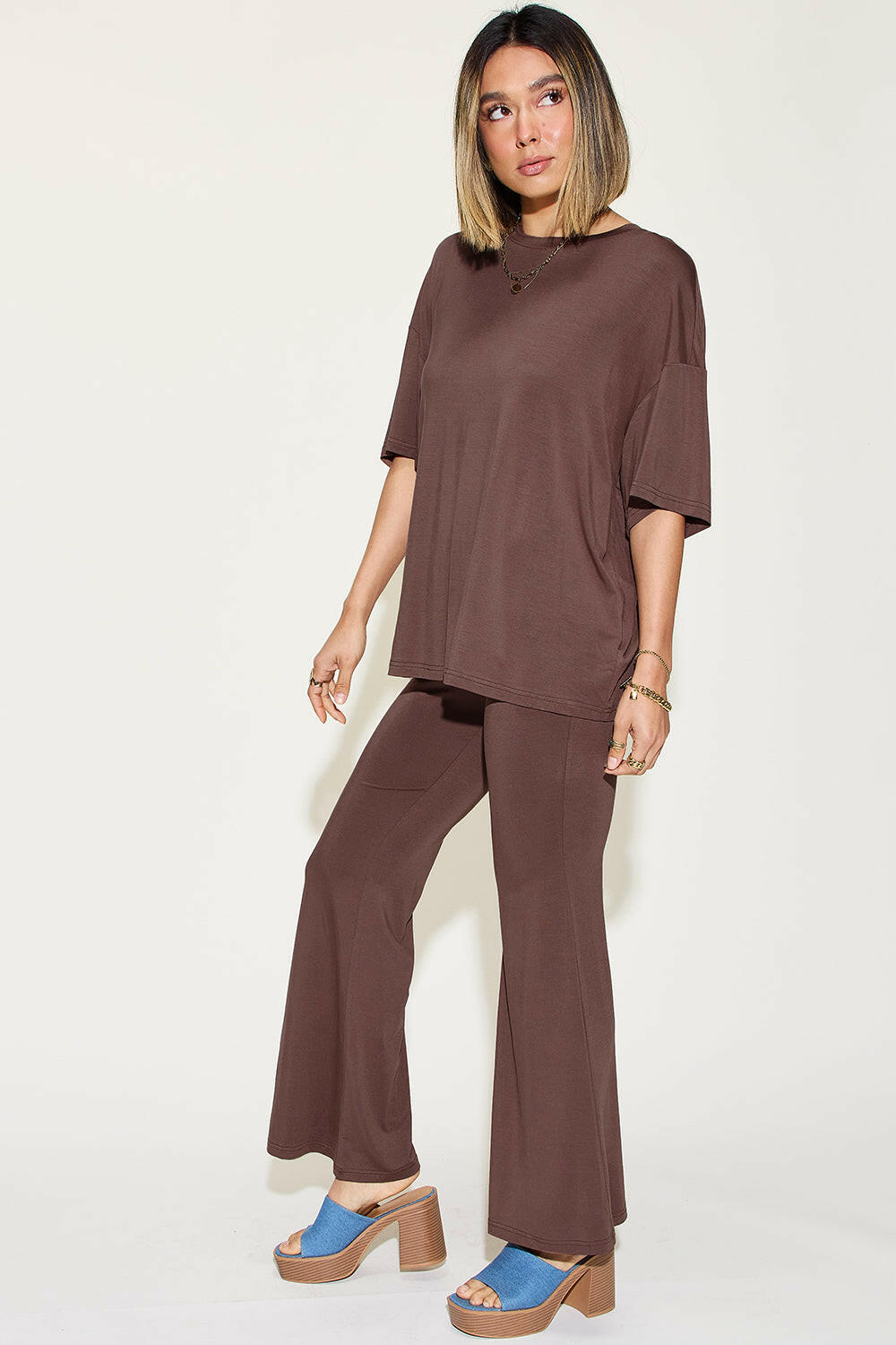 Basic Bae Bamboo Drop Shoulder T-Shirt and Flare Pants Set.