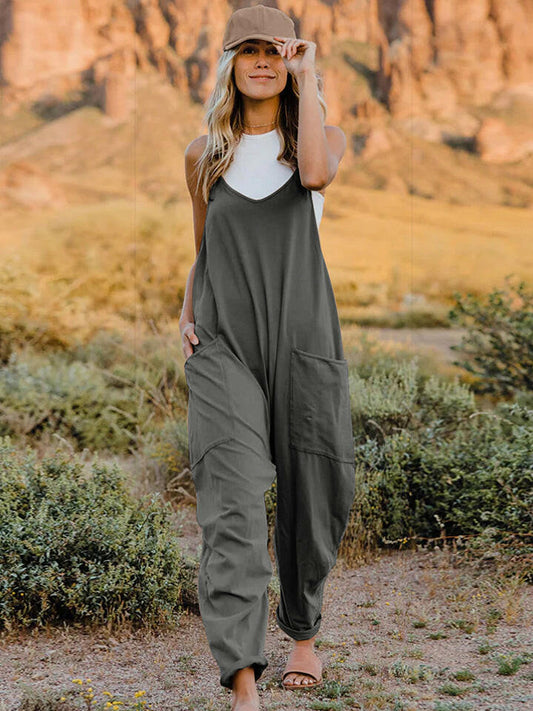 Sleeveless V-Neck Pocketed Jumpsuit.