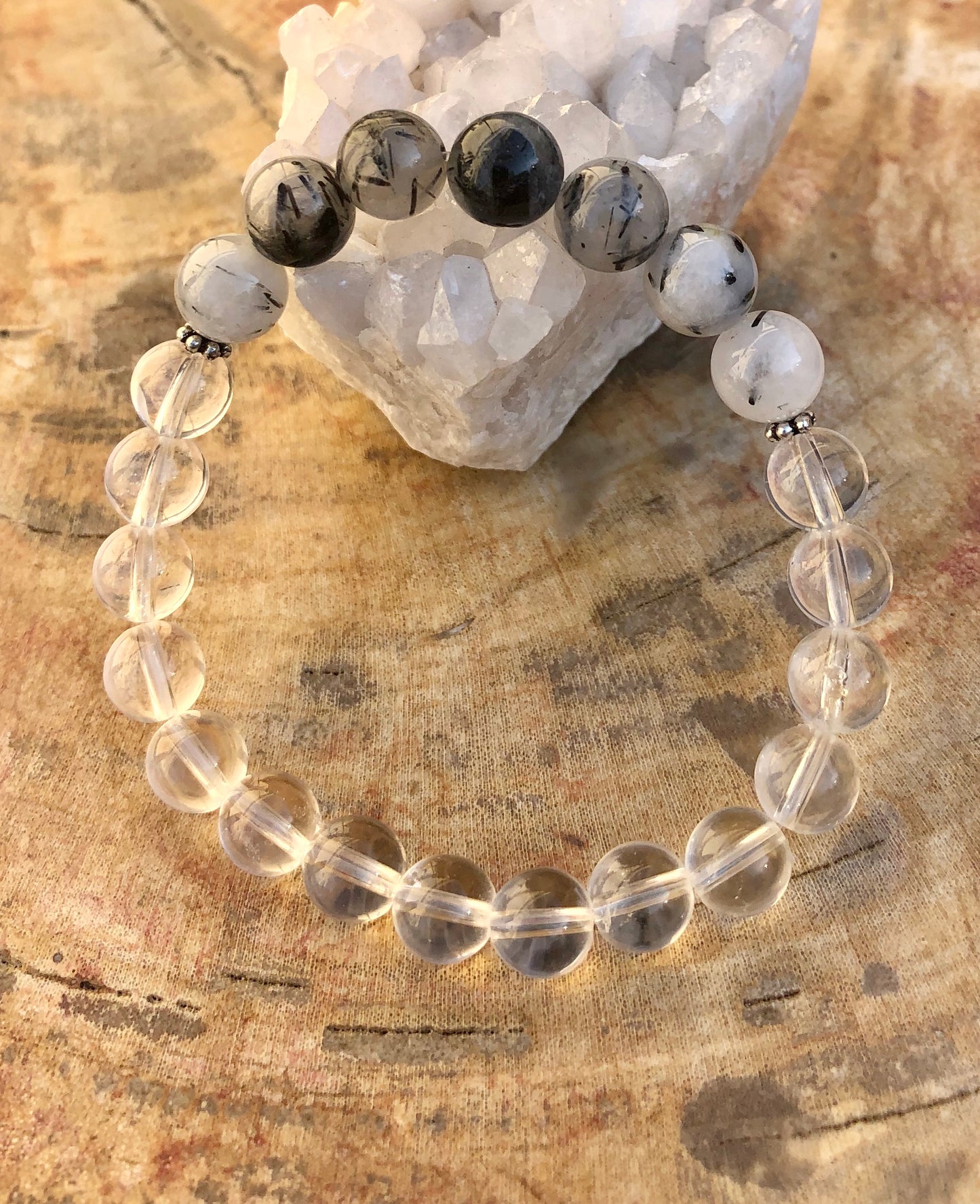 Black Tourmaline & Crystal Quartz Stretch Bracelet! Genuine Crystals!