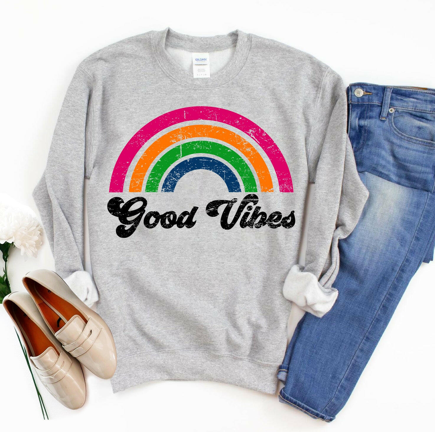 Positive Energy Good Vibes Sweatshirt: Embrace Comfort and Style with a Smile - Cozy Apparel for Every Occasion.