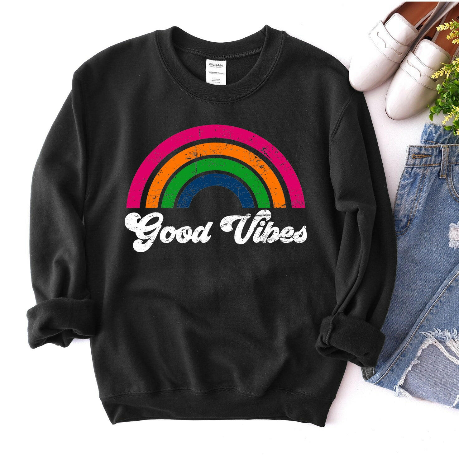 Positive Energy Good Vibes Sweatshirt: Embrace Comfort and Style with a Smile - Cozy Apparel for Every Occasion.