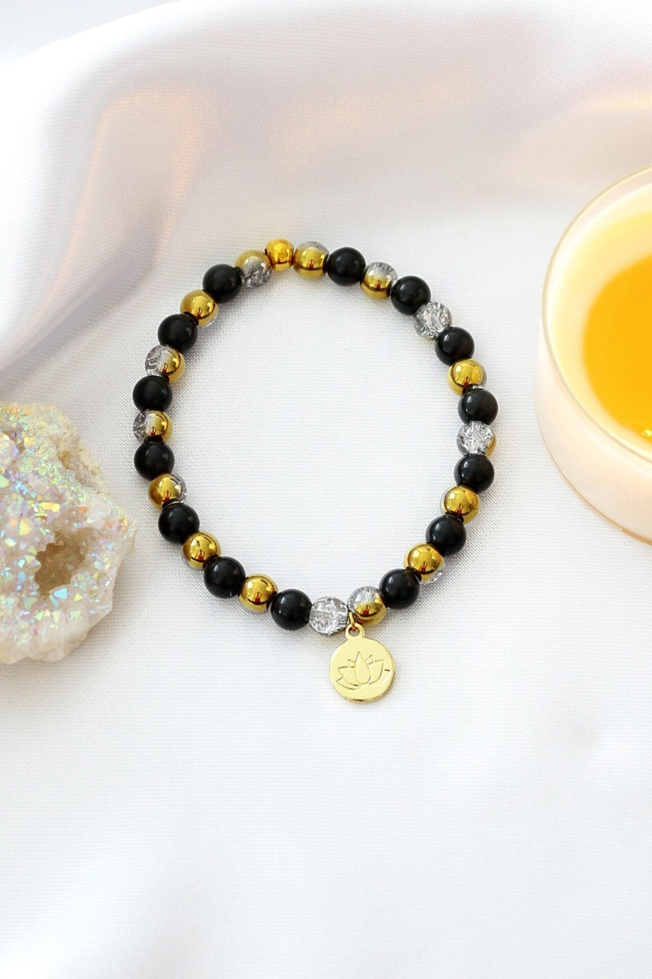 Obsidian Elastic Bracelet | 24K Lotus Flower Charm