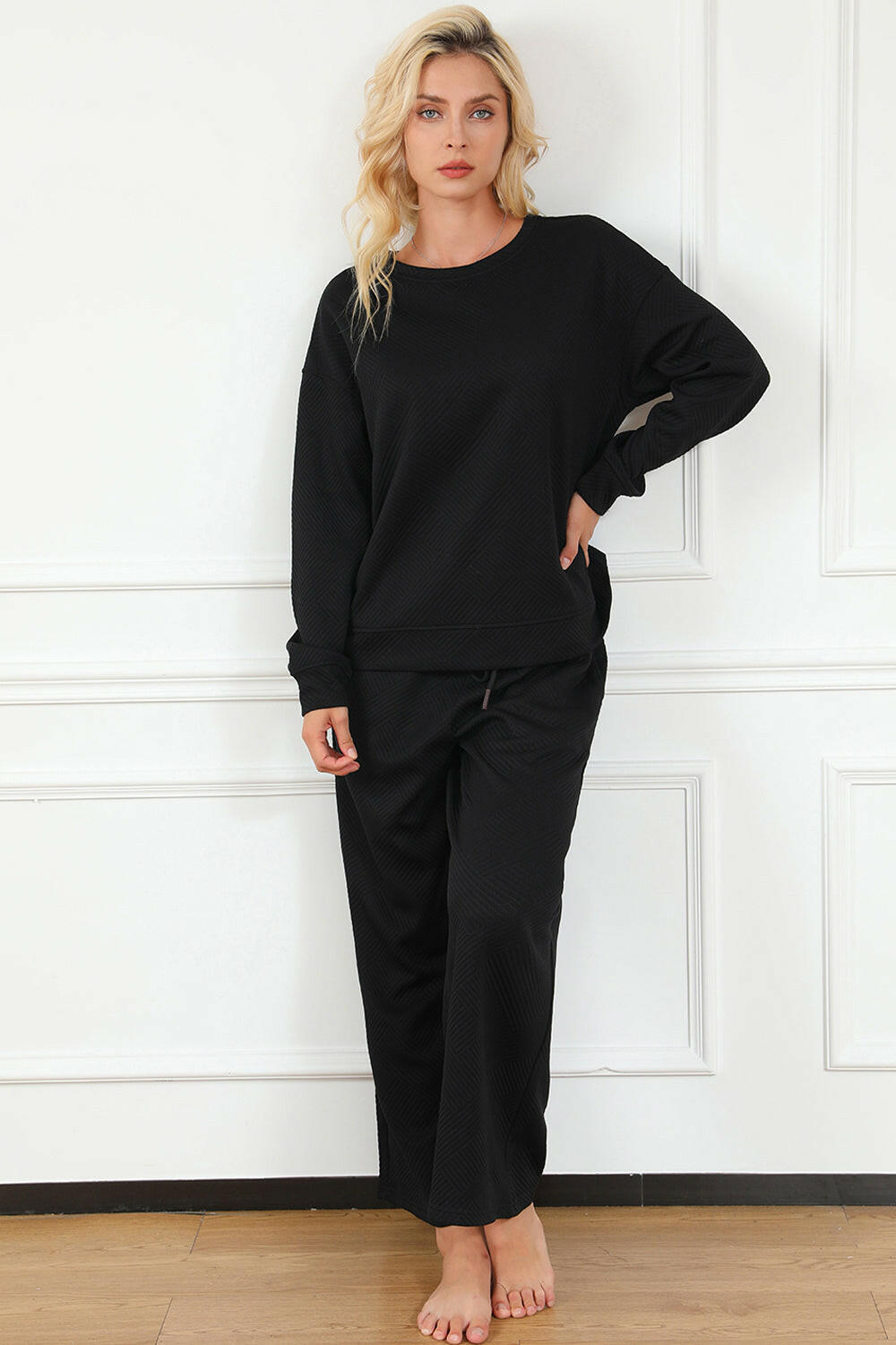 Textured Long Sleeve Top and Drawstring Pants Set.