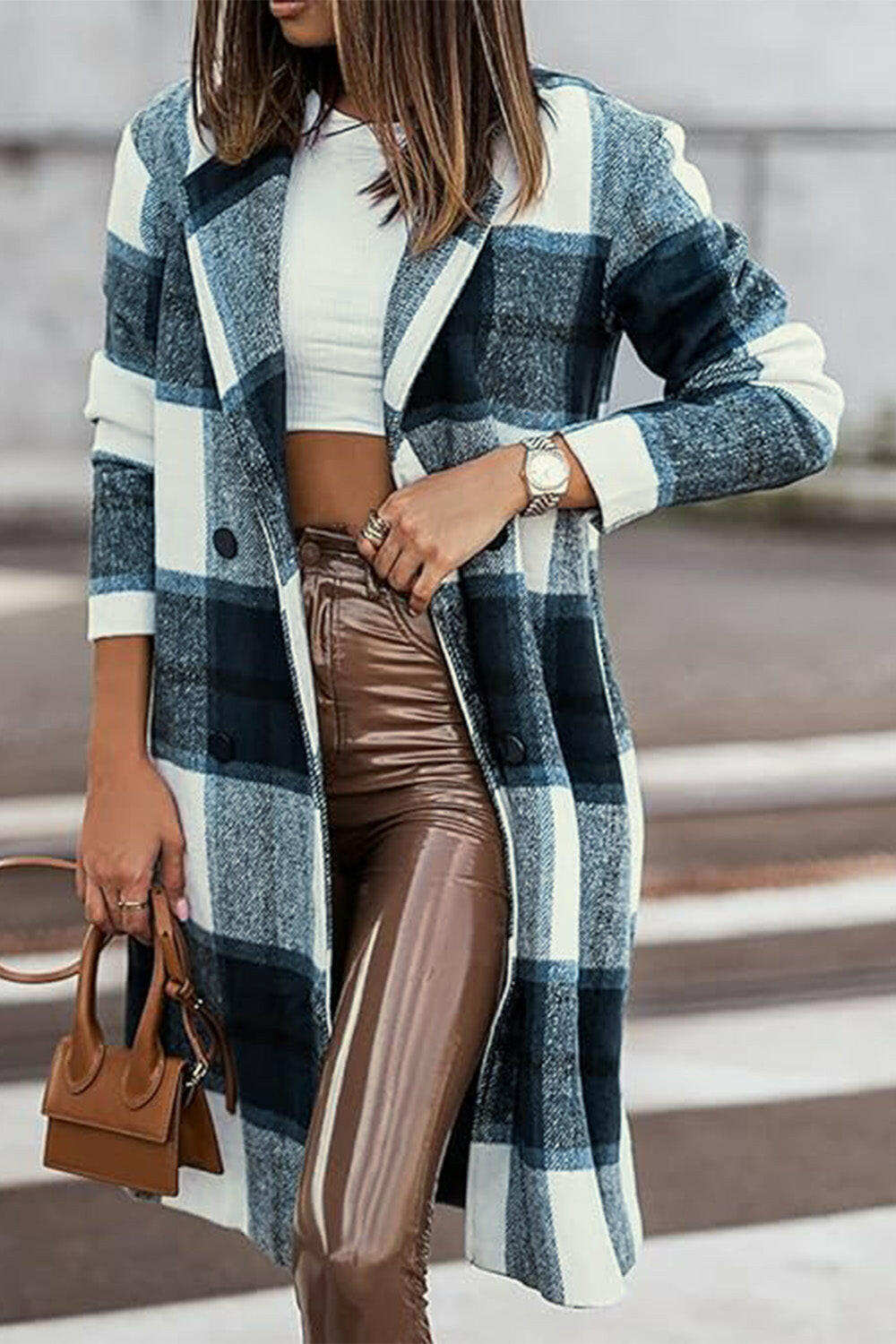 Double Take Plaid Button Up Lapel Collar Coat.