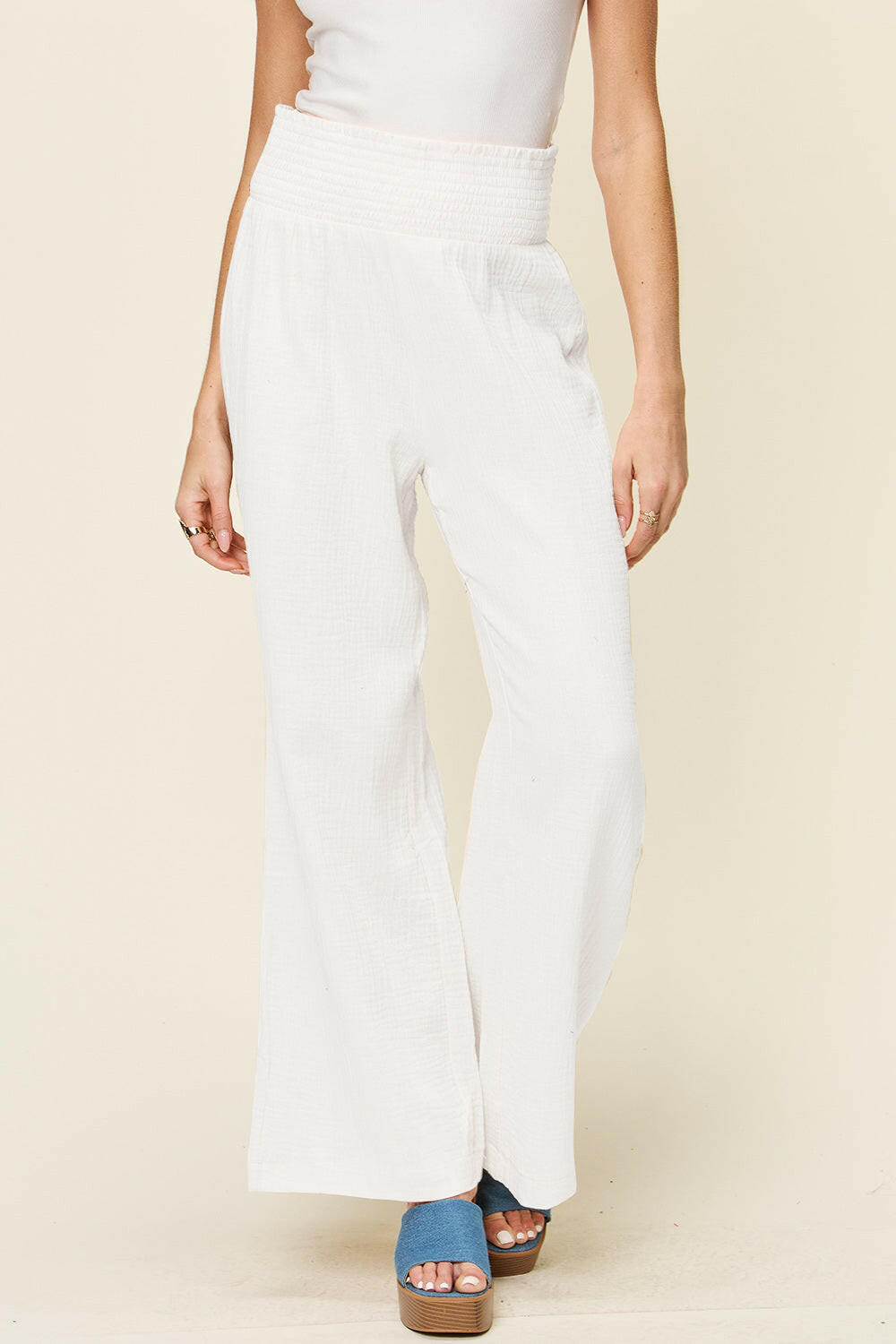 Textured Smocked Waist Wide Leg Pants.