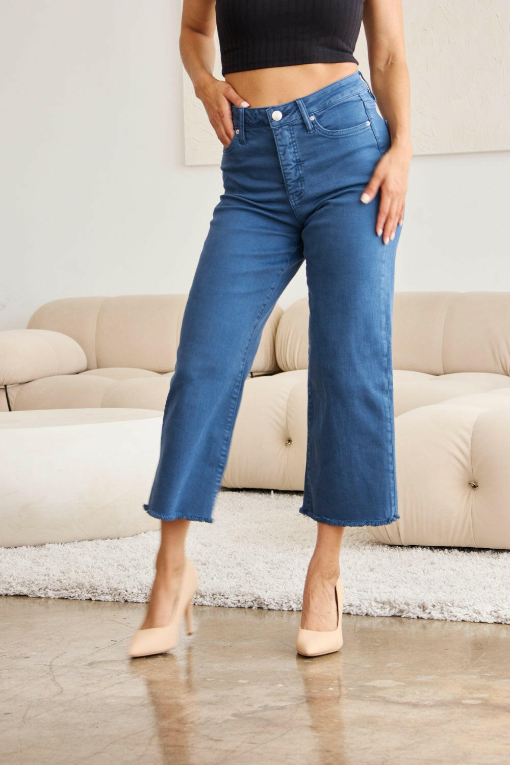 RFM Crop Chloe Full Size Tummy Control High Waist Raw Hem Jeans.