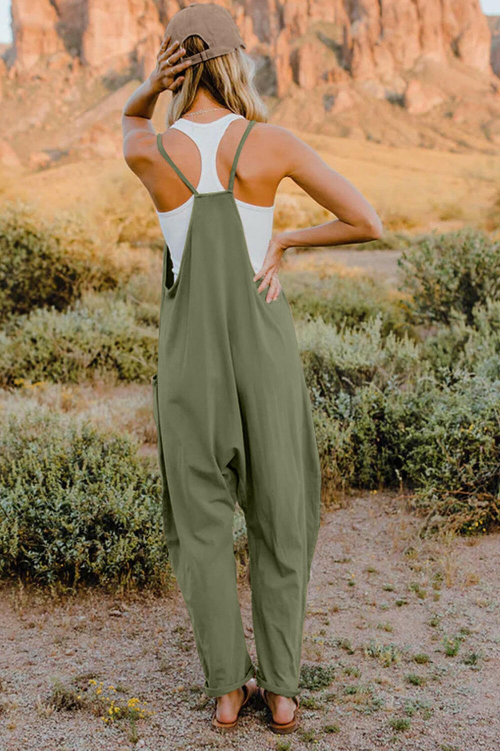 V-Neck Sleeveless Jumpsuit with Pockets.