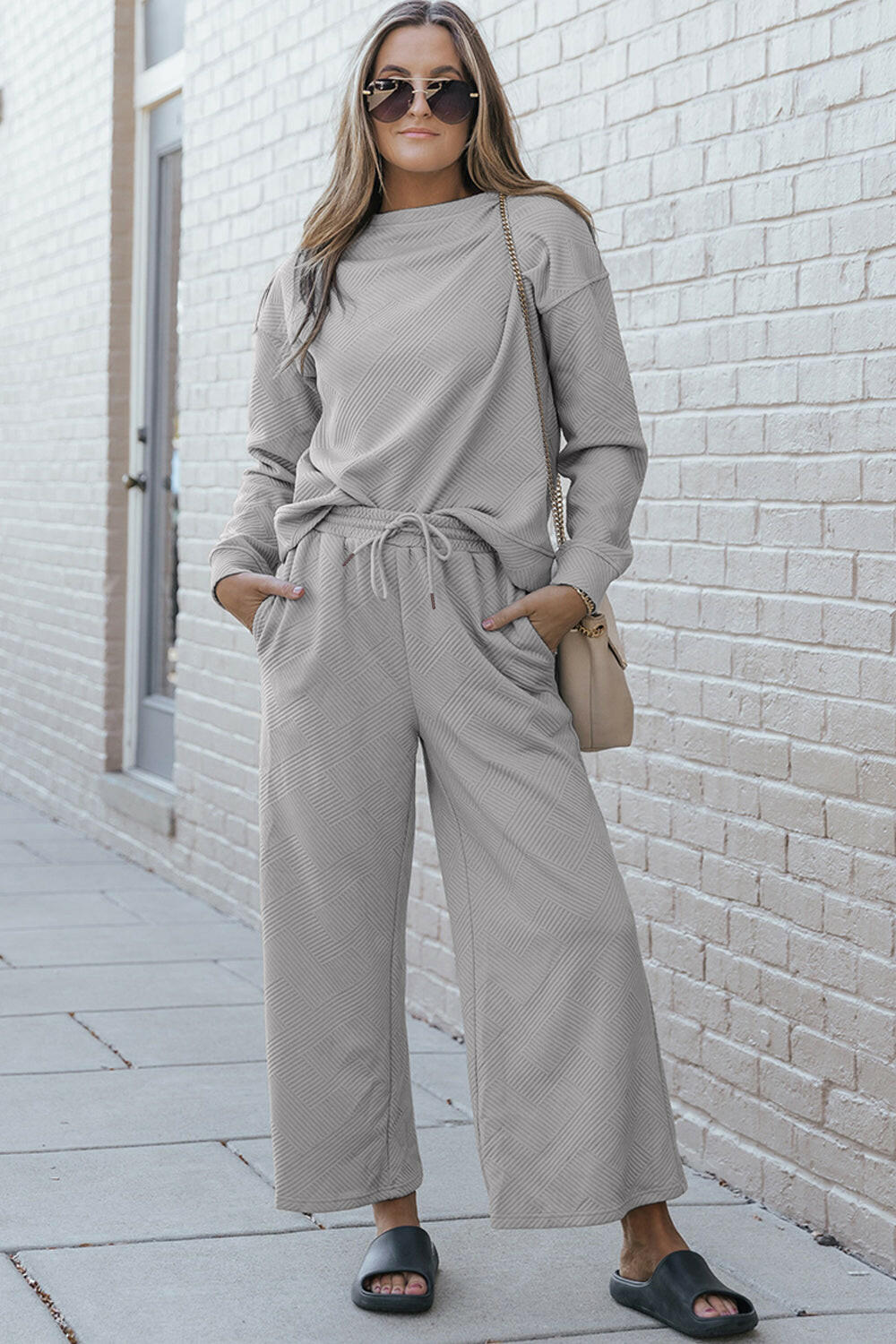 Textured Long Sleeve Top and Drawstring Pants Set.