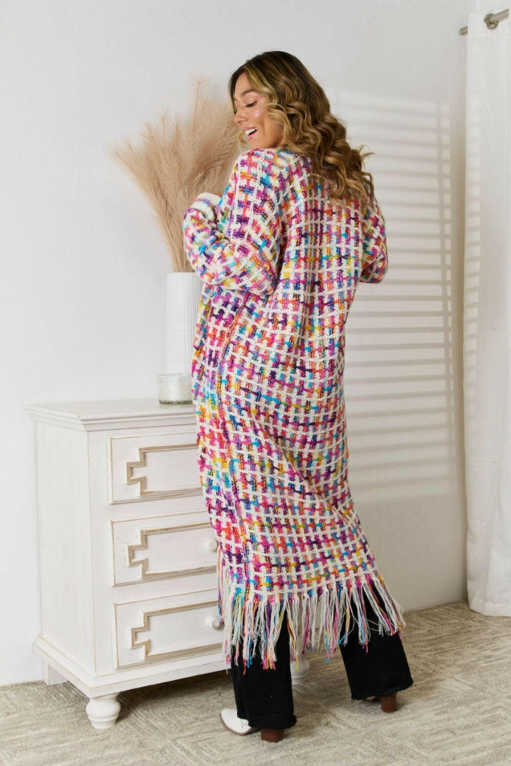 Angel Wings Multicolored Open Front Fringe Hem Cardigan.