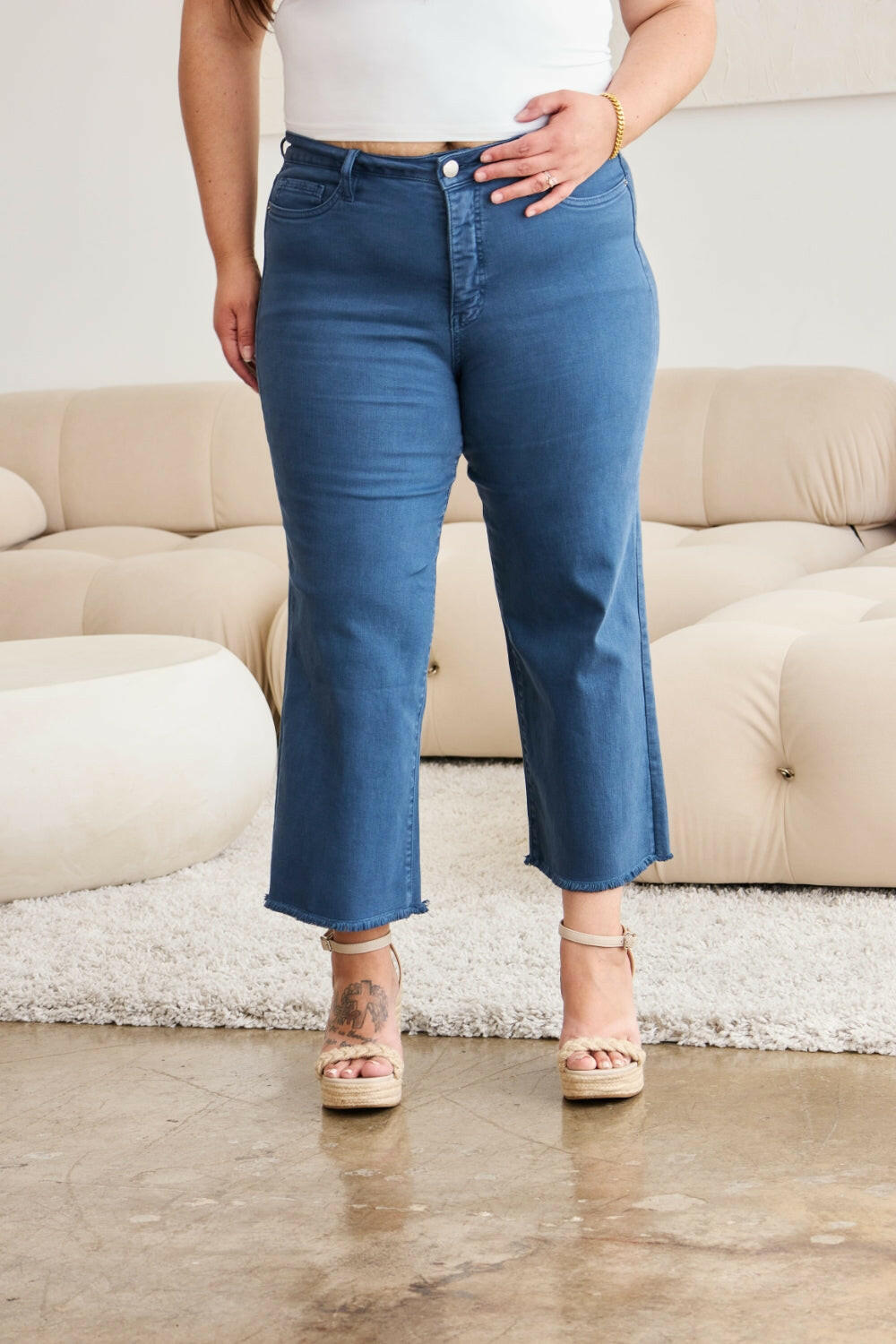 RFM Crop Chloe Full Size Tummy Control High Waist Raw Hem Jeans.