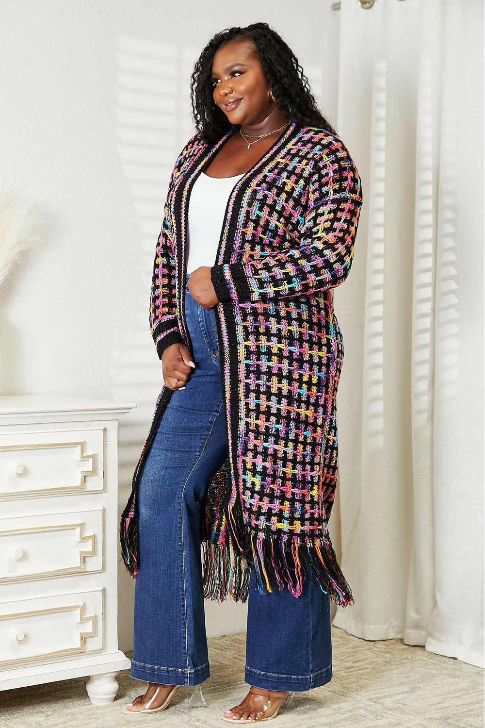 Angel Wings Multicolored Open Front Fringe Hem Cardigan.