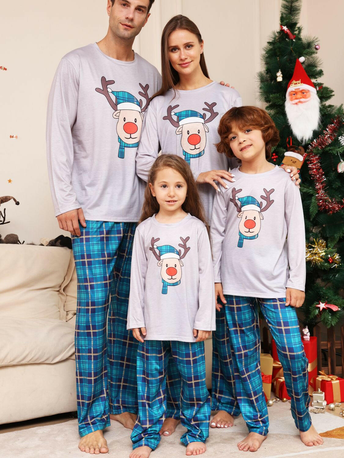 Rudolph Graphic Long Sleeve Top and Plaid Pants Set.