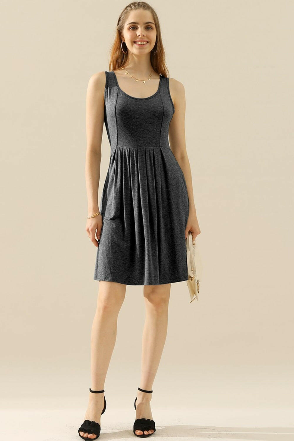 Round Neck Rouched Sleeveless Dress with Pockets.