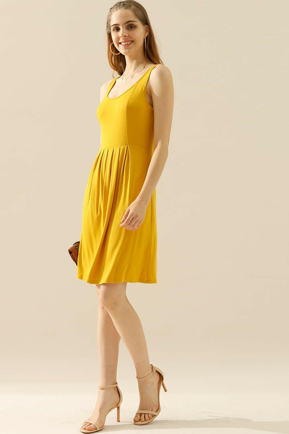 Round Neck Rouched Sleeveless Dress with Pockets.