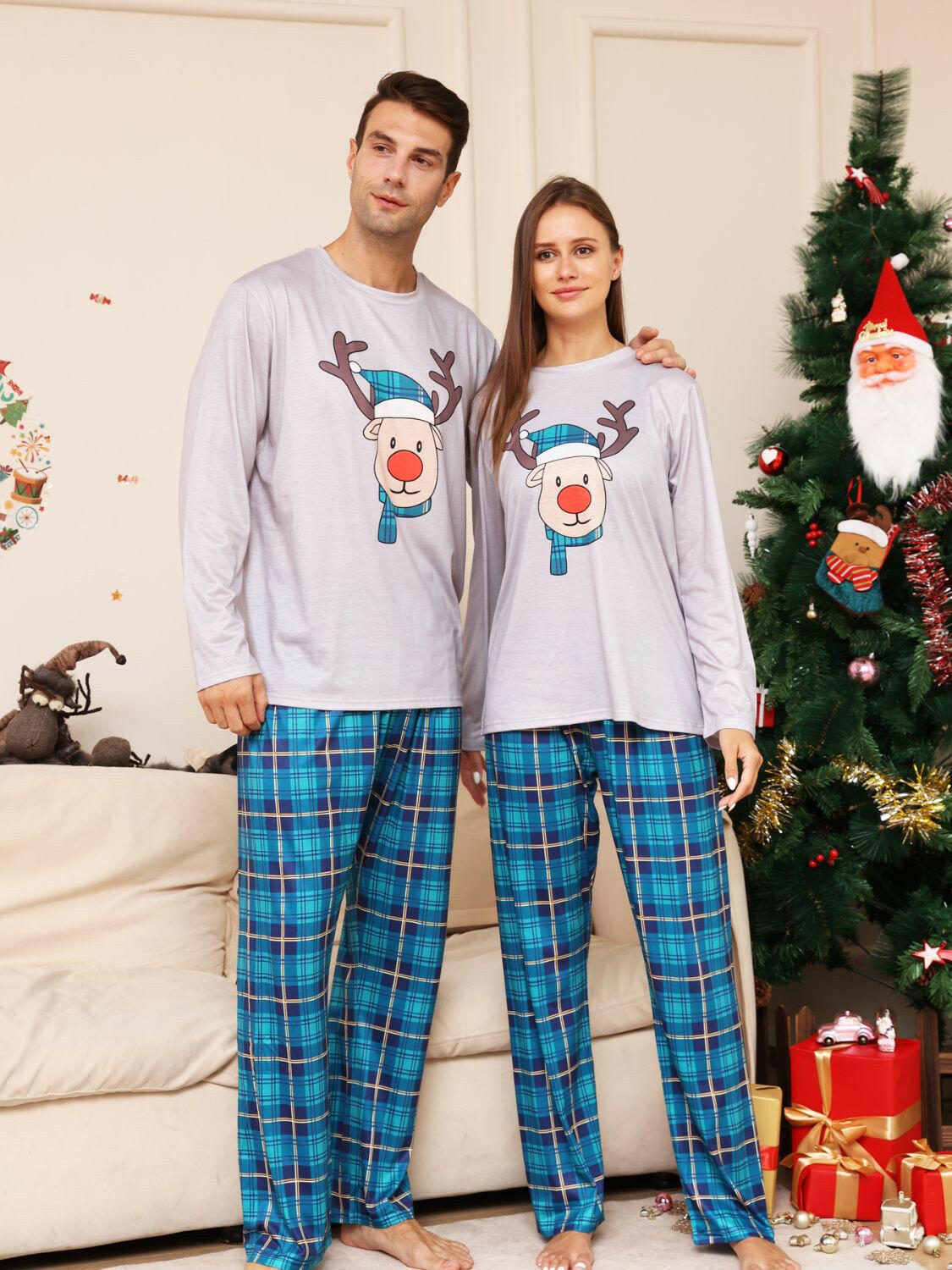 Full Size Rudolph Graphic Long Sleeve Top and Plaid Pants Set.