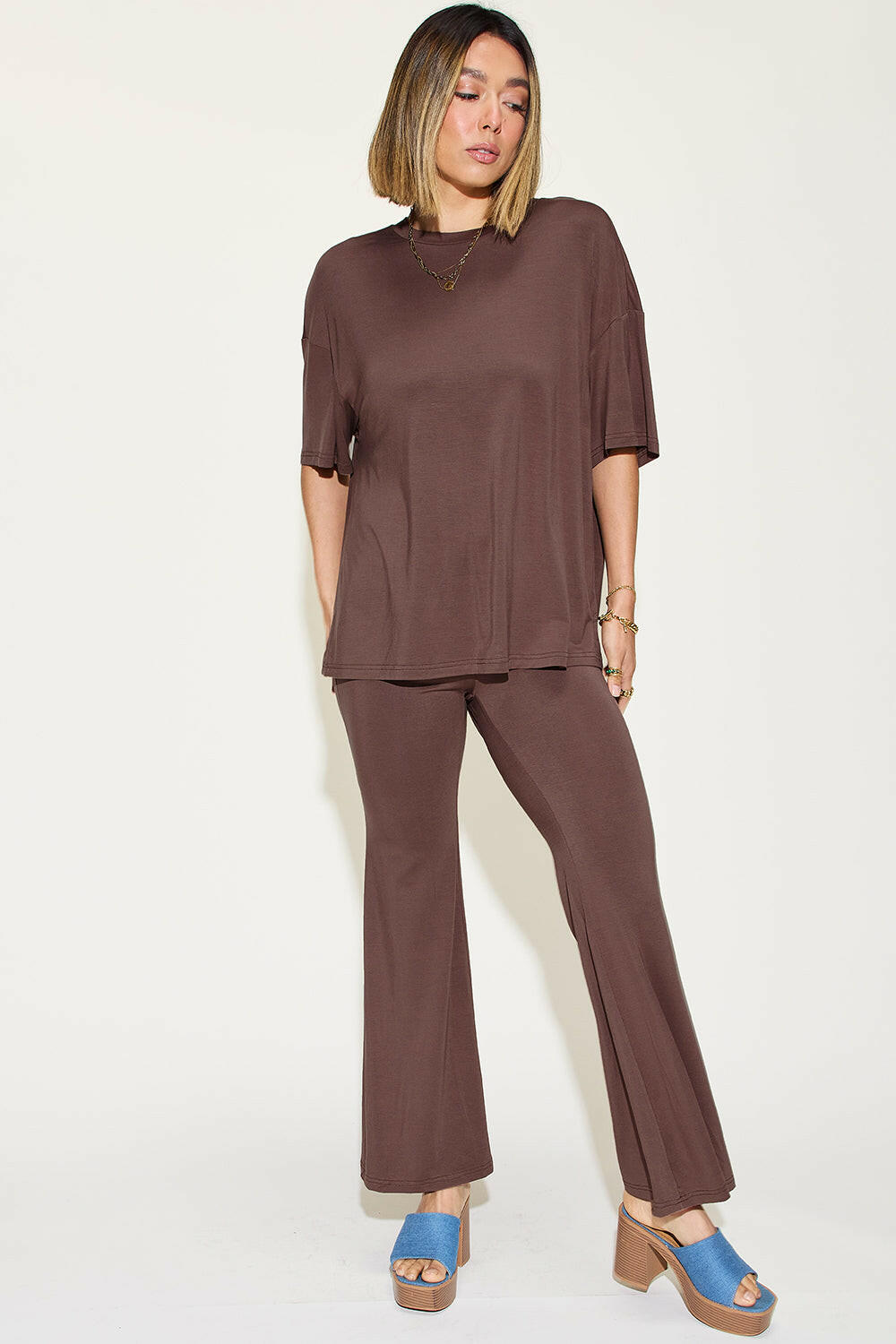 Basic Bae Bamboo Drop Shoulder T-Shirt and Flare Pants Set.