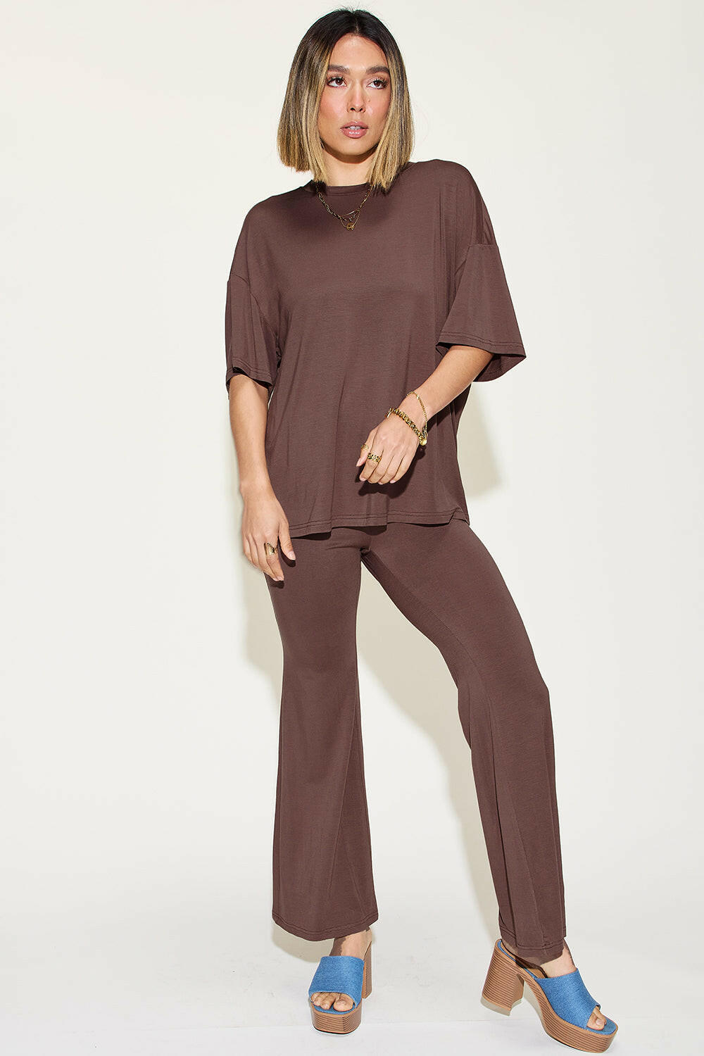 Basic Bae Bamboo Drop Shoulder T-Shirt and Flare Pants Set.