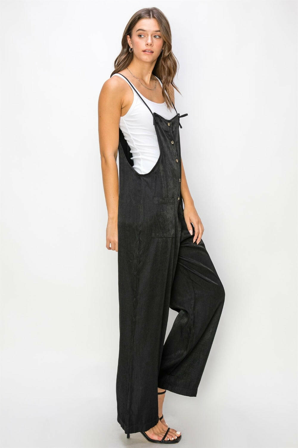 Half Button Sleeveless Straight Jumpsuit.