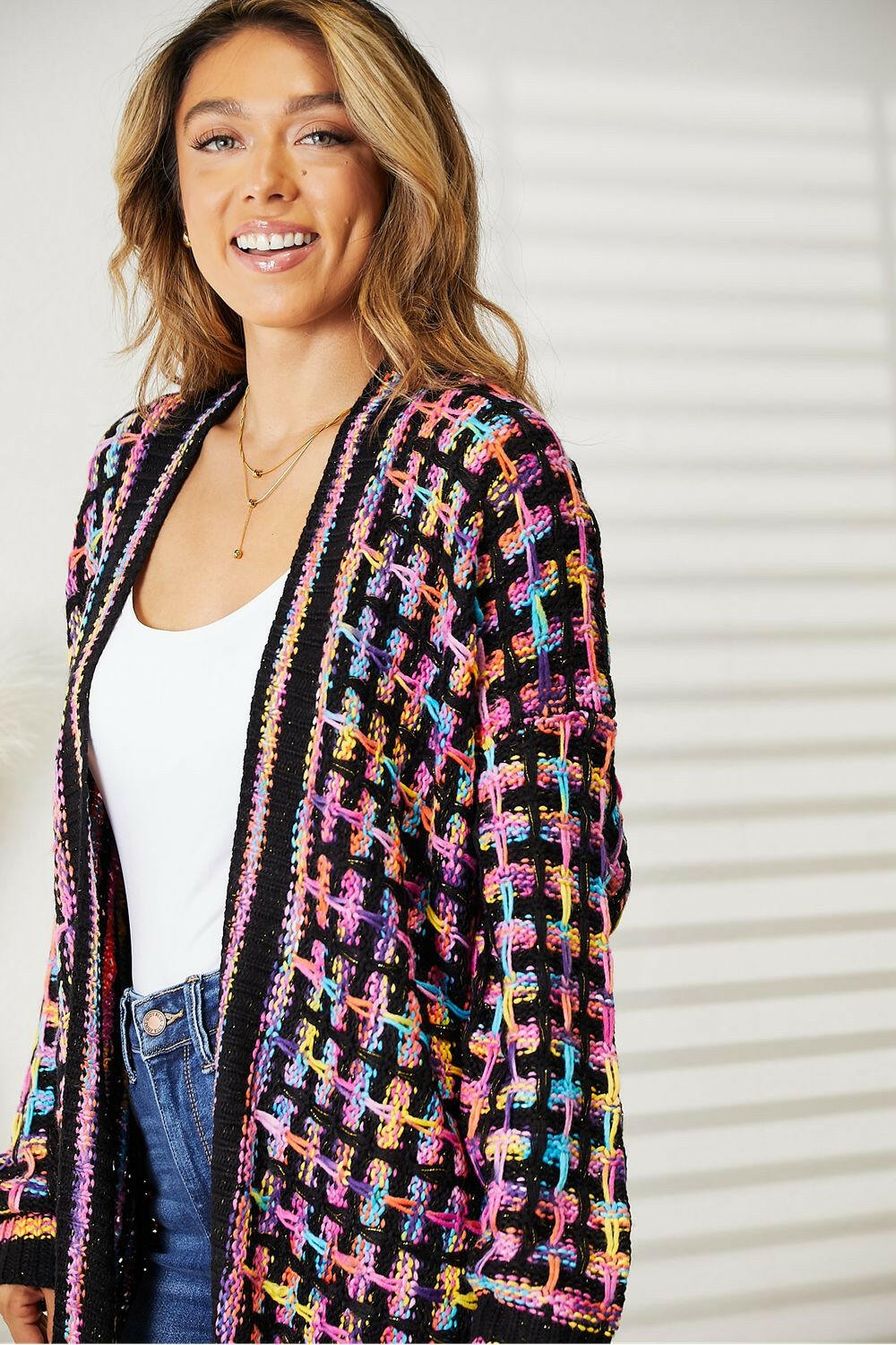 Angel Wings Multicolored Open Front Fringe Hem Cardigan.