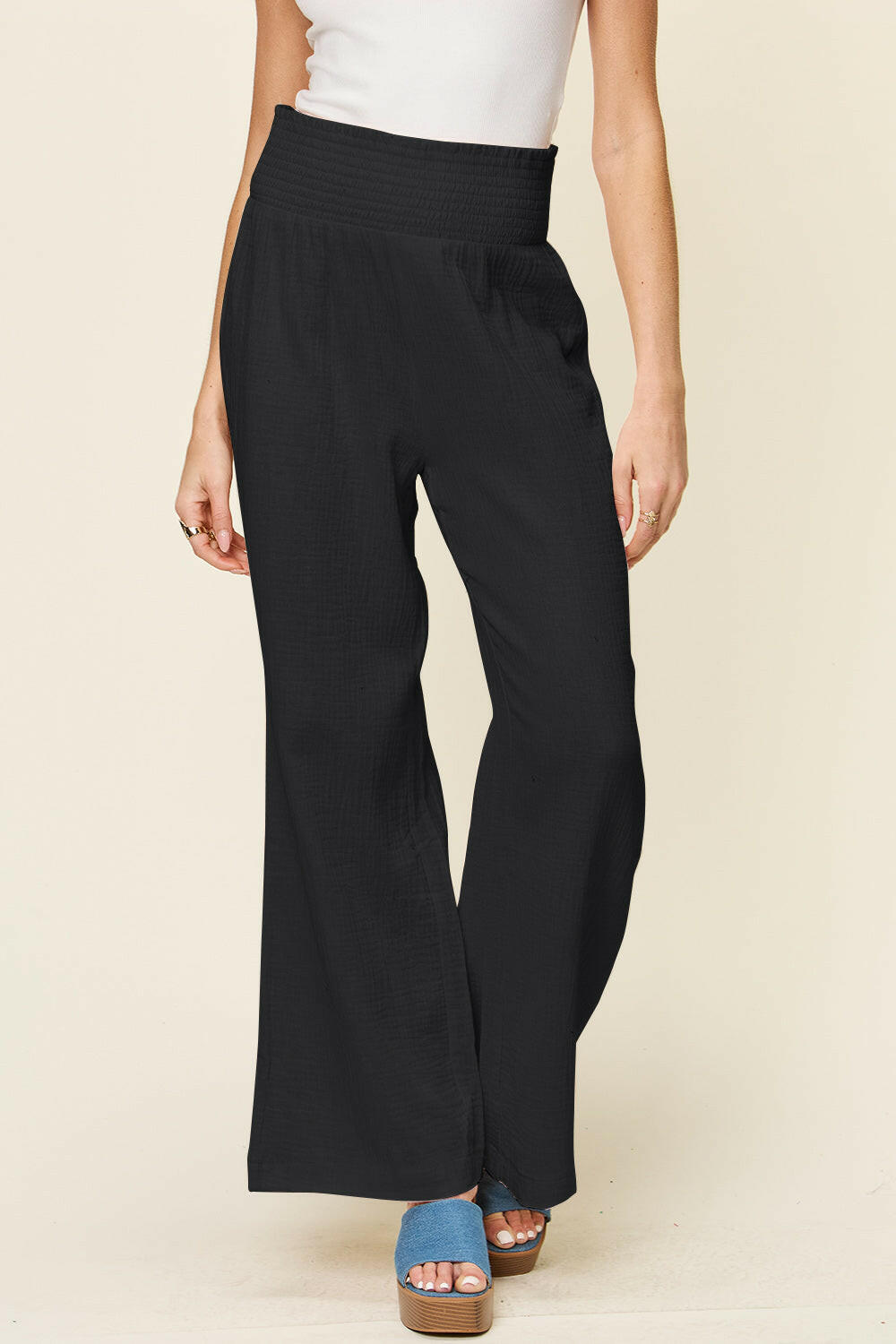 Textured Smocked Waist Wide Leg Pants.