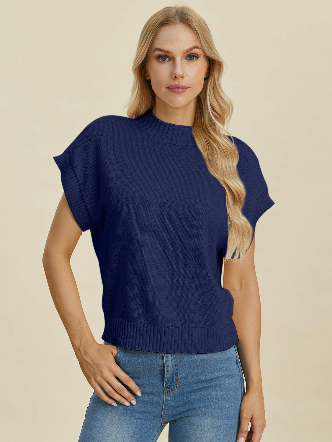 Double Take Mock Neck Short Sleeve Sweater.