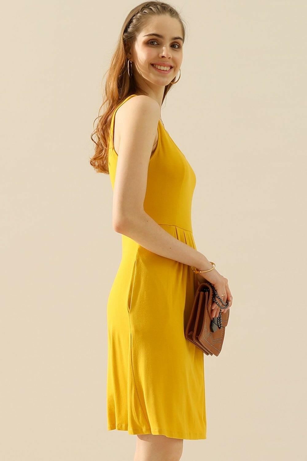 Round Neck Rouched Sleeveless Dress with Pockets.