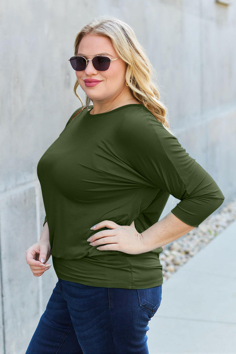 Basic Bae Full Size Round Neck Batwing Sleeve Top.