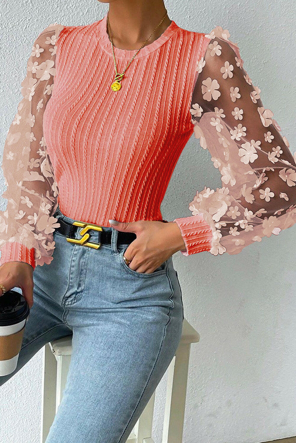 Textured Applique Long Sleeve Blouse.