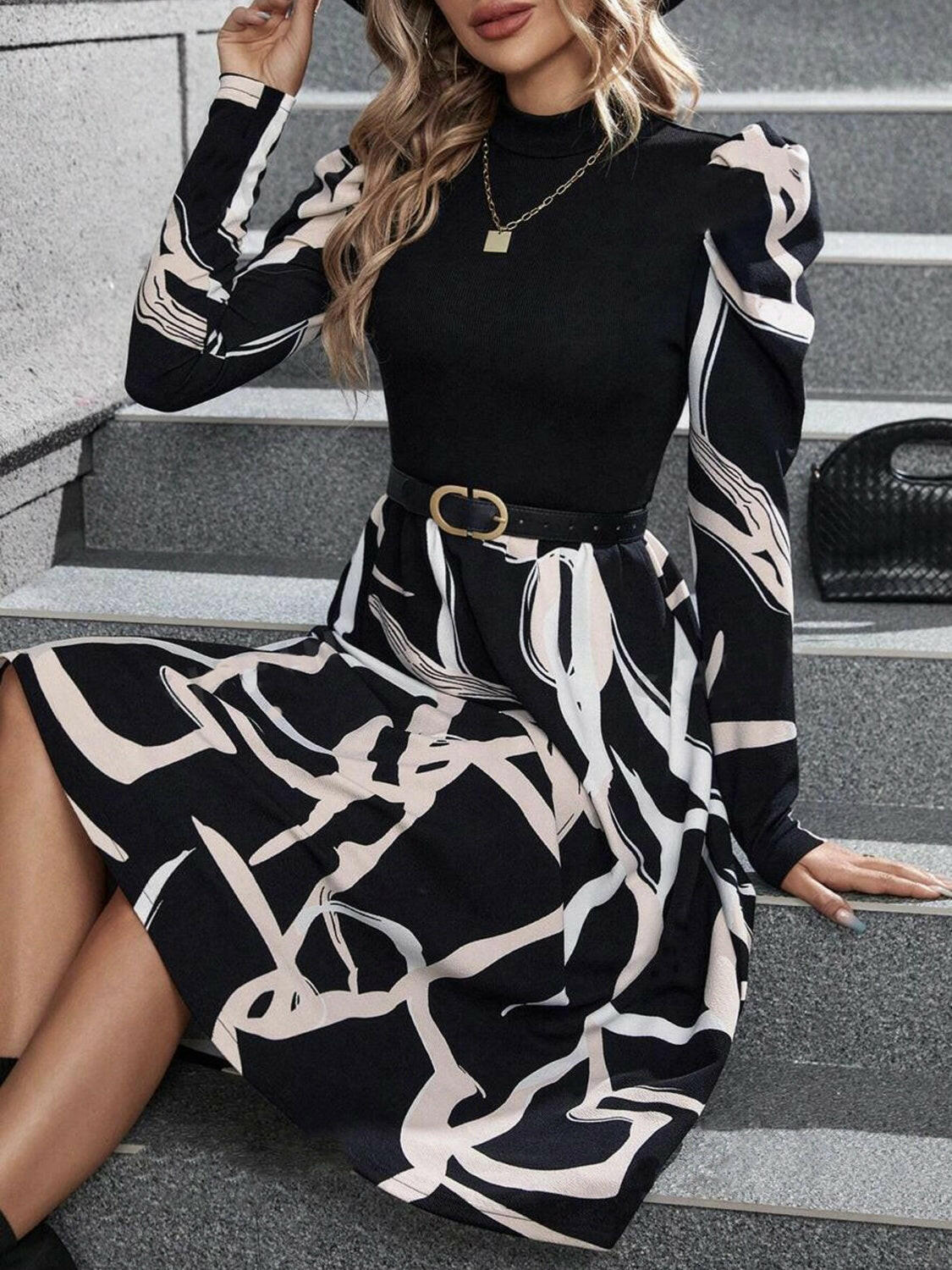 Elegant Flair Printed Mock Neck Puff Sleeve Mini Dress: A Stylish Fusion of Modern Elegance and Timeless Charm - Perfect for Every Occasion.