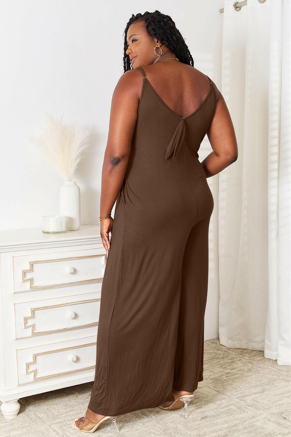 Double Take Soft Rayon Spaghetti Strap Tied Wide Leg Jumpsuit.