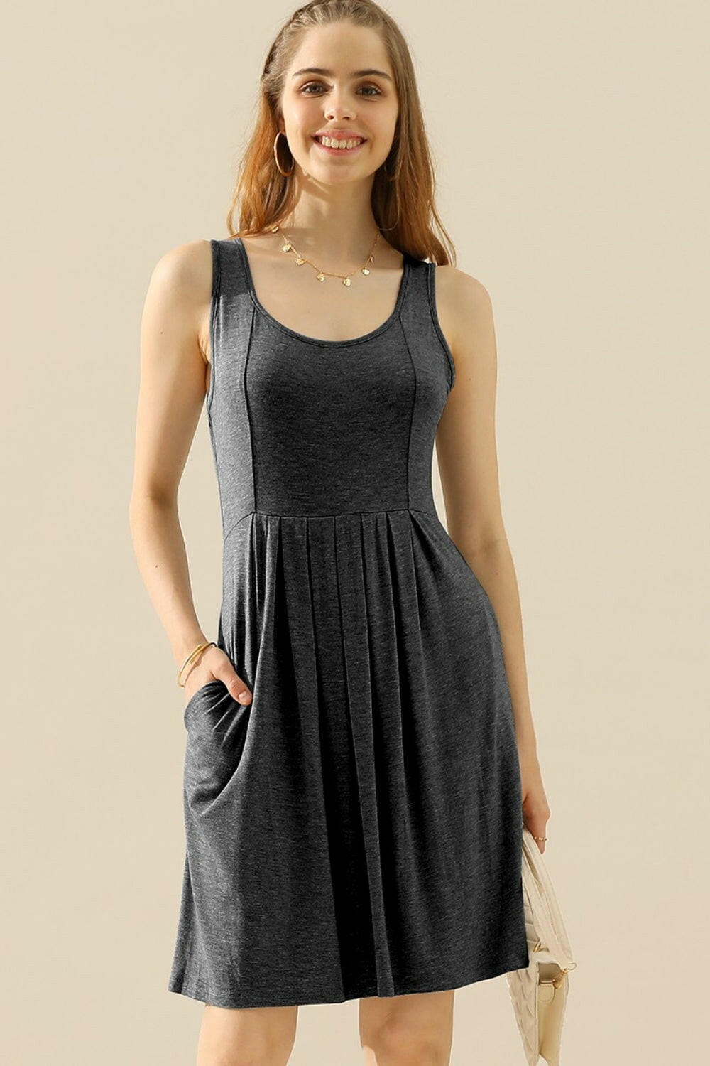 Round Neck Rouched Sleeveless Dress with Pockets.