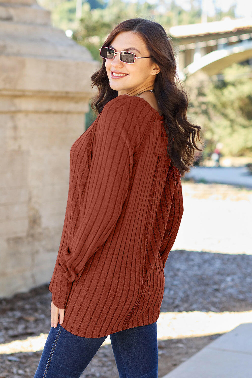 Basic Bae Full Size Ribbed Round Neck Long Sleeve Knit Top.