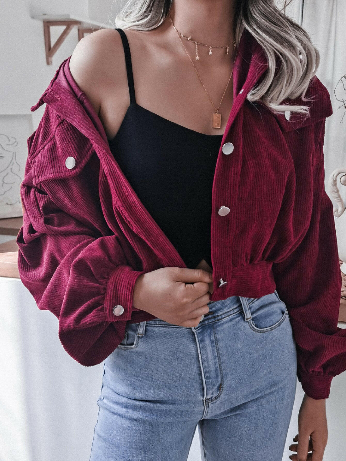 Double Take Lantern Sleeve Cropped Corduroy Jacket.