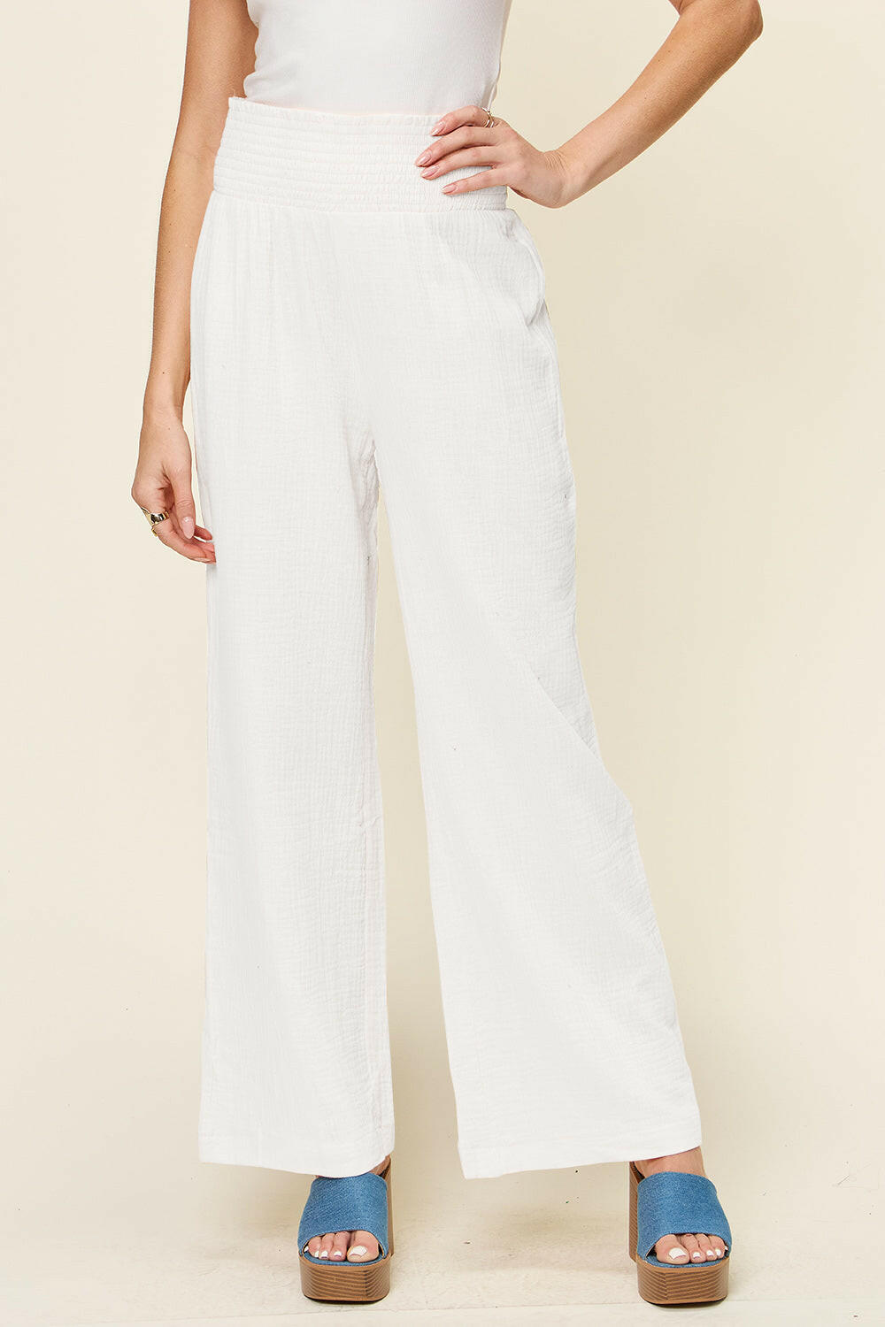 Textured Smocked Waist Wide Leg Pants.