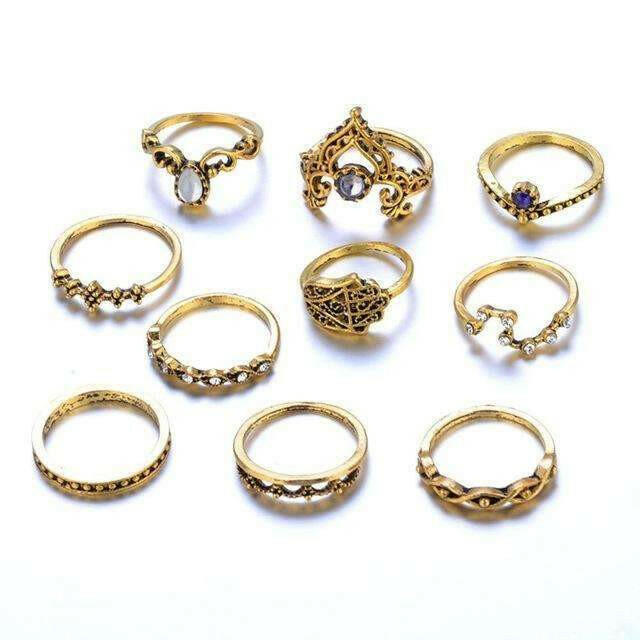 Timeless Allure Vintage Stackable Ring Set: A Collection of Elegance and Versatility - 10 Piece Set with Gemstone Accents.