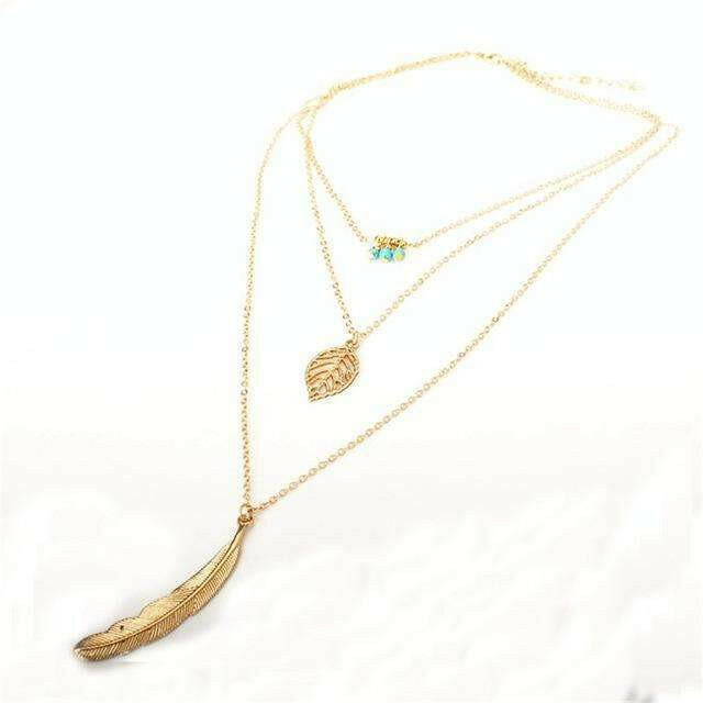 Nature's Whisper Turquoise Leaf Feather Multi Layer Necklace: A Tribute to Earthy Elegance and Timeless Style - Versatile Layers with Natural Beauty.